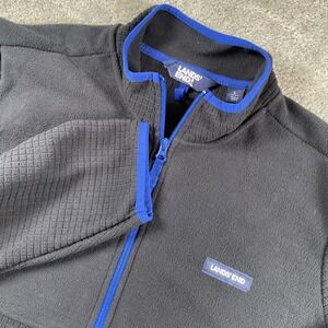 Lands End Mens Fleece Jacket Black Blue Trim Stand Collar Full‎ Zip Size L